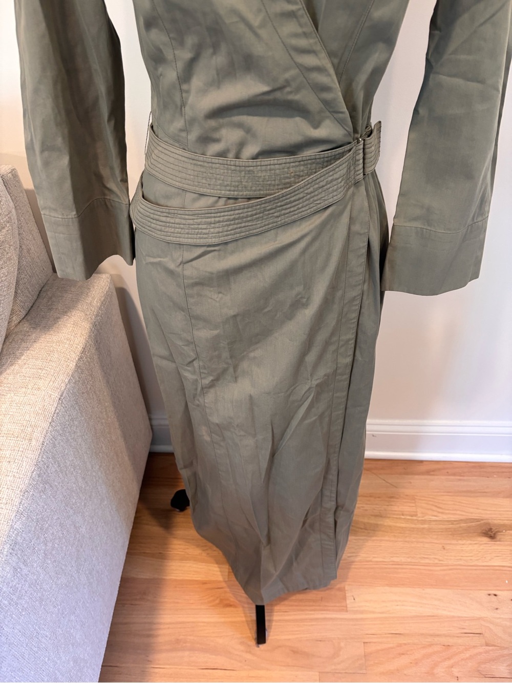 Vintage 1990s Thierry Mugler olive green wrap trench dress size FR 38/US 6 - Picture 3 of 9
